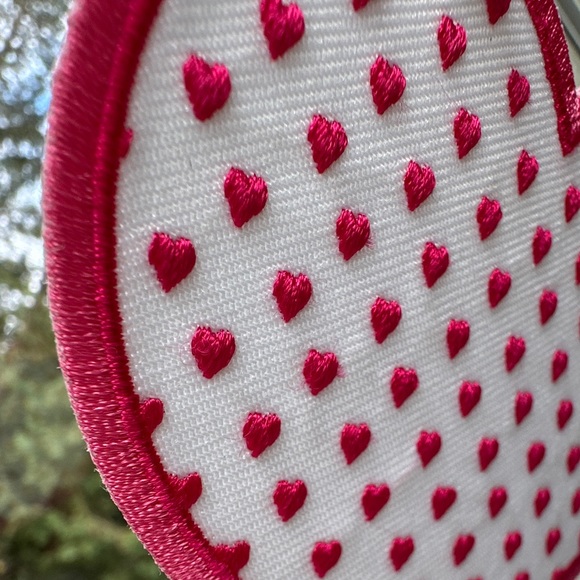 Pink Heart shaped Embroidered patch with tiny hearts dotted filling the heart 3D - Picture 2 of 5